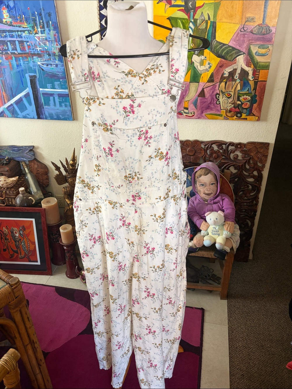 ODDY White Floral Adjustable-Strap Pinafore Dress